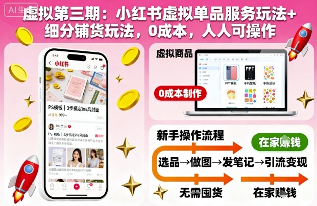 虚拟第三期：小红书虚拟单品服务玩法+细分铺货玩法，0成本，人人可操作-lhxm