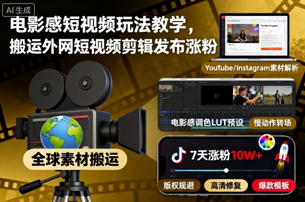 电影感短视频玩法教学，搬运外网短视频剪辑发布涨粉-lhxm