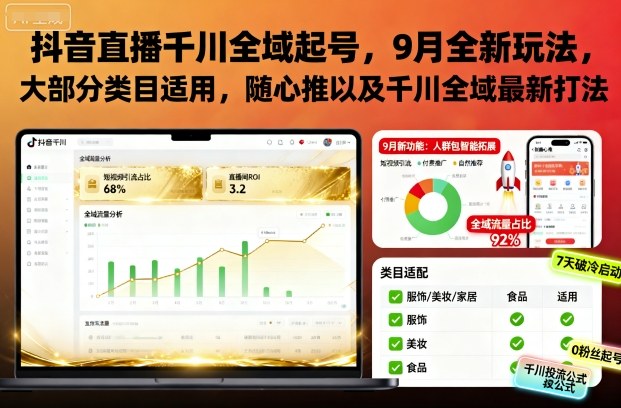 抖音直播千川全域起号，9月全新玩法，大部分类目适用，随心推以及千川全域最新打法-lhxm