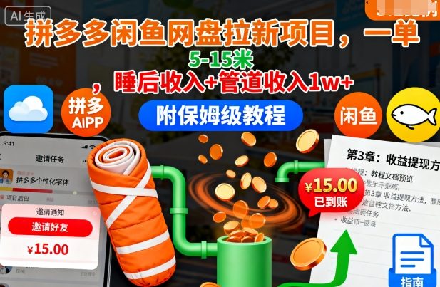 拼多多闲鱼网盘拉新项目，一单5-15米，睡后收入+管道收入1w+(附保姆级教程)-lhxm