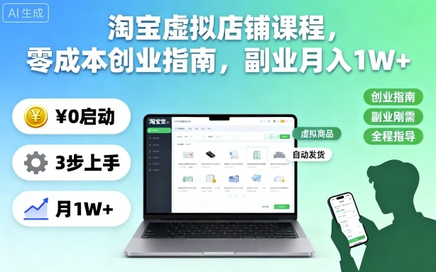 淘宝虚拟店铺课程，零成本创业指南，副业月入1W+-lhxm