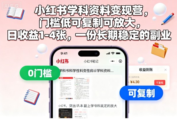 小红书学科资料变现营，门槛低可复制可放大，日收益1-4张，一份长期稳定的副业-lhxm