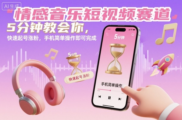 情感音乐短视频赛道，5分钟教会你，快速起号涨粉，手机简单操作即可完成-lhxm