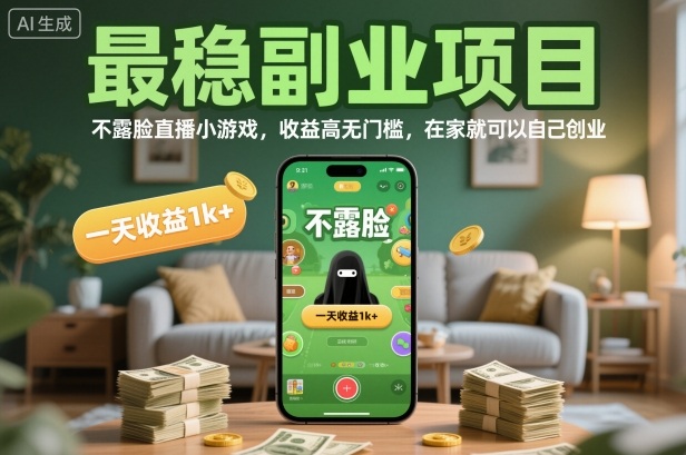 最稳副业项目，不露脸直播小游戏，收益高无门槛，一天收益1k+，在家就可以自己创业【揭秘】-lhxm