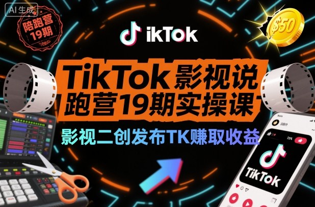TikTok影视解说陪跑营19期实操课，影视二创发布TK賺取收益，万播收益50美金-lhxm