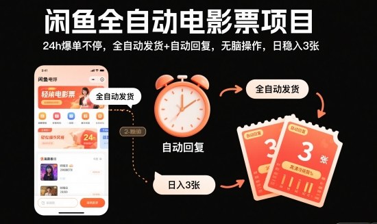 闲鱼全自动电影票项目，24h爆单不停，全自动发货+自动回复，无脑操作，日稳入3张【揭秘】-lhxm