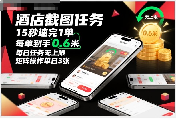 酒店截图任务，15秒速完1单，每单到手0.6米，每日任务无上限，全网首发玩法，矩阵操作单日3张【揭秘】-lhxm