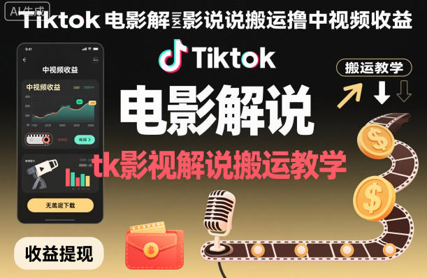 Tiktok电影解说搬运撸中视频收益，tk影视解说搬运教学-lhxm
