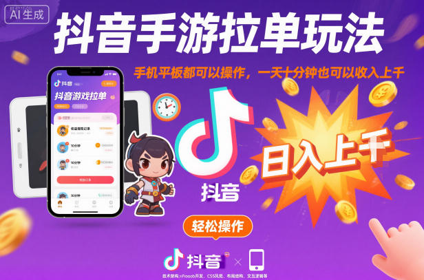 抖音手游拉单玩法，手机平板都可以操作，一天十分钟也可以收入上K【揭秘】-lhxm