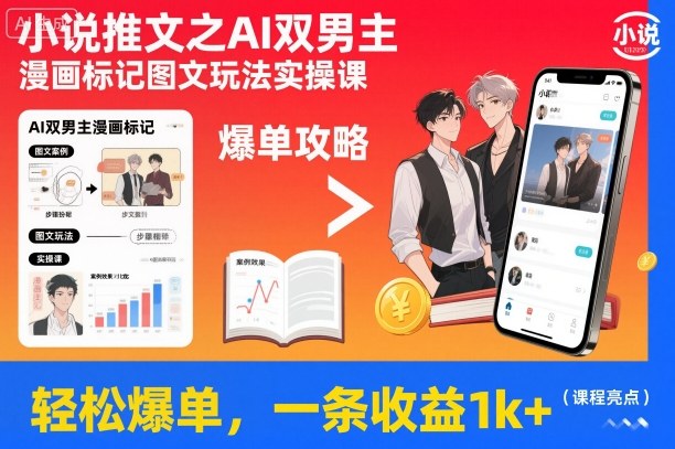 小说推文之AI双男主漫画标记图文玩法实操课，轻松爆单，一条收益1k+-lhxm