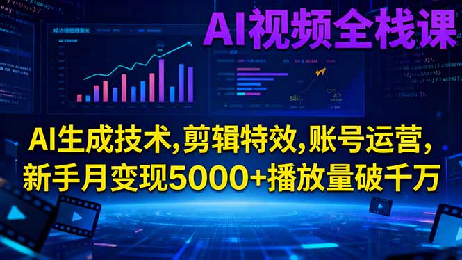 AI视频全栈课:AI生成技术,剪辑特效,账号运营,新手月变现5000+播放量破千万-lhxm