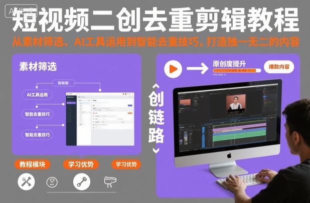 短视频二创去重剪辑教程，从素材筛选、AI工具运用到智能去重技巧，打造独一无二的内容-lhxm