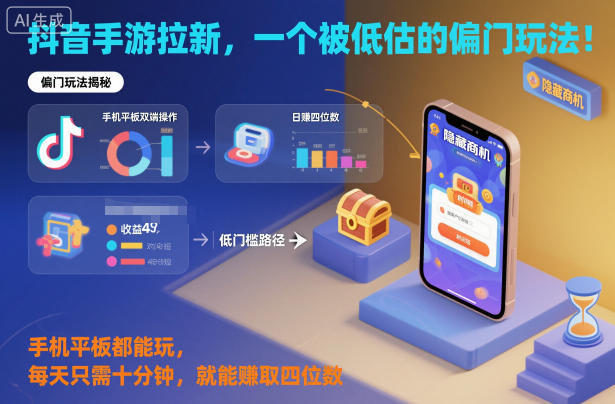 抖音手游拉新，一个被低估的偏门玩法！手机平板都能玩，每天只需十分钟，就能賺取四位数【揭秘】-lhxm