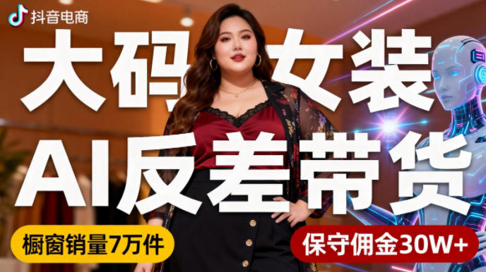 抖音小众赛道，大码女装AI反差带货，不用直播，每天6条作品，橱窗卖7万件，保守佣金30W+-lhxm