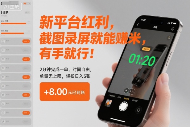 新平台红利，截图录屏就能賺米，有手就行！2分钟完成一单，时间自由，单量无上限，轻松日入5张【揭秘】-lhxm